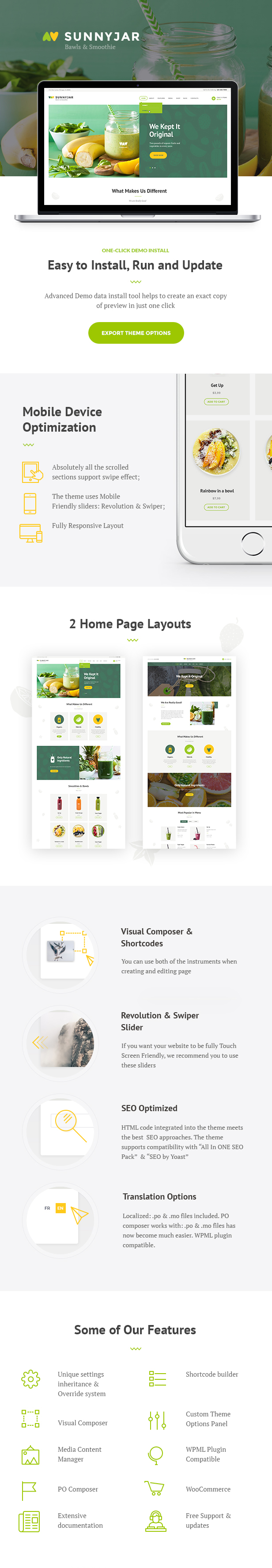 Smoothie Bar & Healthy Drinks Shop WordPress Theme features