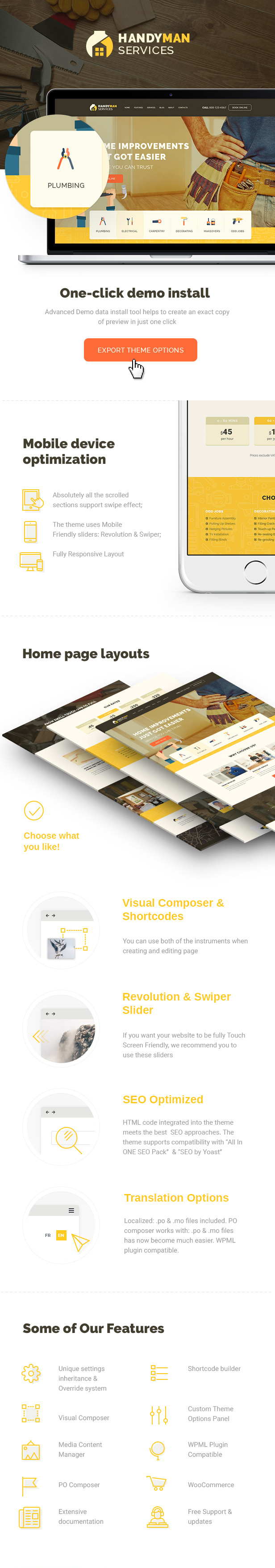 Handyman, Construction and Repair Services WordPress Theme features